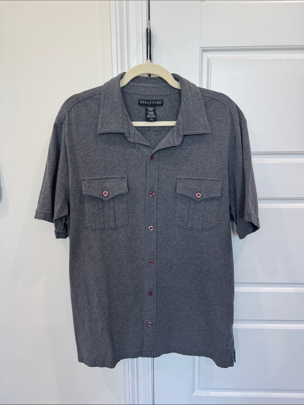 Structure Men’s Grey Collared Button-Up Shirt Short Sleeve Charcoal, size Large